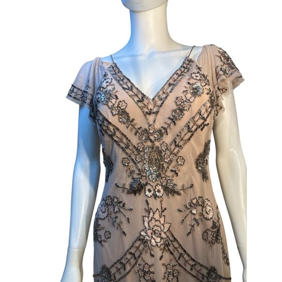 Aidan Mattox Blush Beaded Cocktail Dress Size 4 V-Neck Short Sleeve EUC - Picture 3 of 9